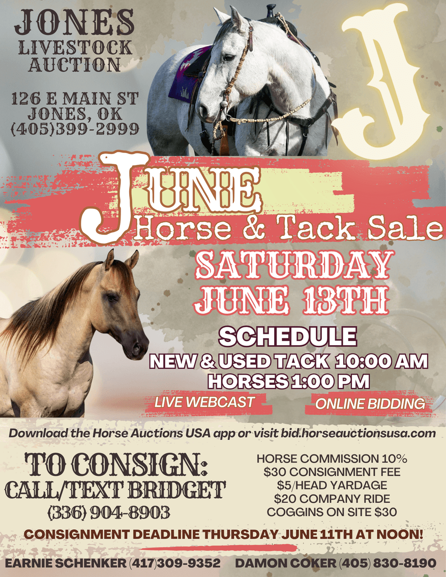 Image for Jones Livestock Auction HORSE & TACK SALE!   SATURDAY, JUNE 13TH