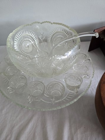 Image for Glass punch bowl,  12 matching cups, plate and GLASS LADLE