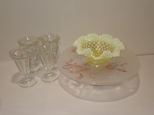 Image for Vintage Fenton Yellow Milk Glass Hobnail Ruffled Candy Dish and more