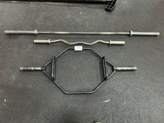 Image for (3) Various Barbells - (1) Chrome Straight, (1) Chrome EZ Curl, (1) Black Hex