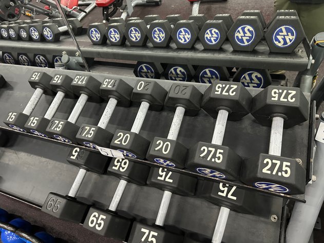 Image for (4) Sets of Urethane Hex Dumbbells - (2) 27.5 lbs, (2) 20 lbs, (2) 17.5 lbs, (2) 15 lbs 