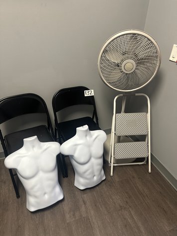 Image for (2) Black Metal Folding Chairs, (2) Front Torso Mannequins, (1) Step Stools, (1) LASKO Fan