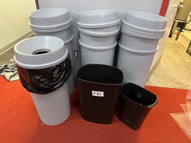 Image for (9) Various Plastic Trash Cans - (7) Tall Grey, (2) Short Black