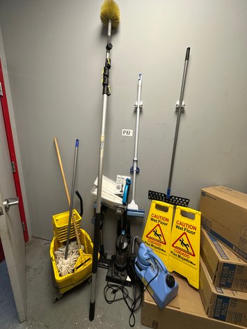 Image for Assorted Cleaning Supplies - Mops, Vacuums, FOGGER MAN Volume Sprayer, Caution Signs and More