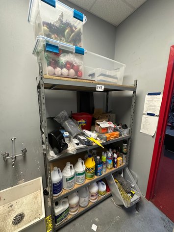 Image for 4ft x 2ft x 6ft H Shelving Unit of Assorted Cleaning Supplies, Tools and Holiday Decorations