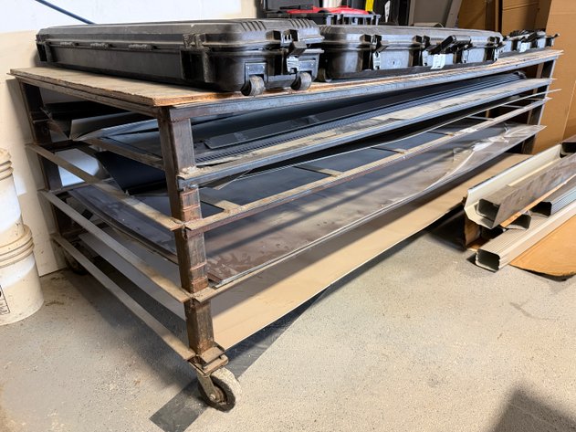 Image for 130in x 53in x 40in Mobile Sheet Metal Storage / Work Table and Assorted Size and Color Sheet Metal Contents