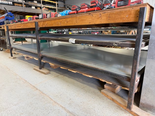 Image for 135in x 50in x 32in Sheet Metal Storage / Work Table w/ Assorted Sheet Metal Contents (Mostly Full 4 x 8ft Sheets)