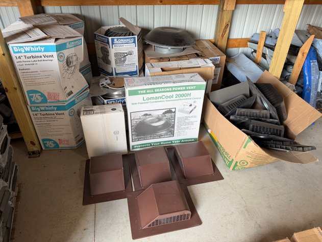 Image for Assorted LOMANCO Big Whirly / Whirly Bird Turbine Vents, Pre-Wired Power Vents, Vent Covers, and Roof Caps