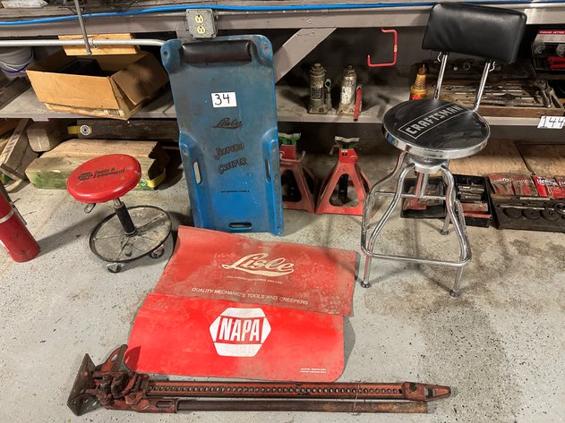 Image for Assorted Bottle Jacks, High-Lift jack, Jack Stands, CRAFTSMAN Swivel Bar Stool, Rolling Stool, Creeper Carts and Covers 