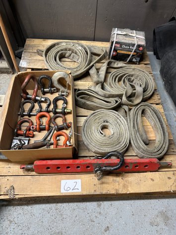 Image for Pallet of Assorted Rigging Slings, Shackles, Hooks, Draw Bar, and 1 Ton Chain Hoist in Box