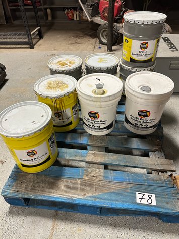 Image for Assorted 5-Gallon MULE-HIDE PRODUCTS Buckets of Roofing Adhesives on Pallet