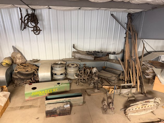 Image for Misc. Vintage Tools, Ropes and JOHN DEERE Tractor Hood in Mezzanine