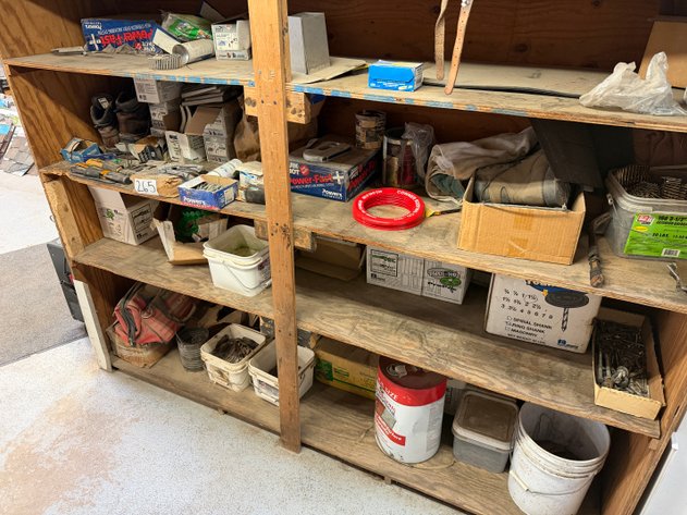 Image for Misc. Roofing Nails, Fasteners, Gutter Hangers, Plastic Downspouts on Shelves (CONTENTS ONLY)