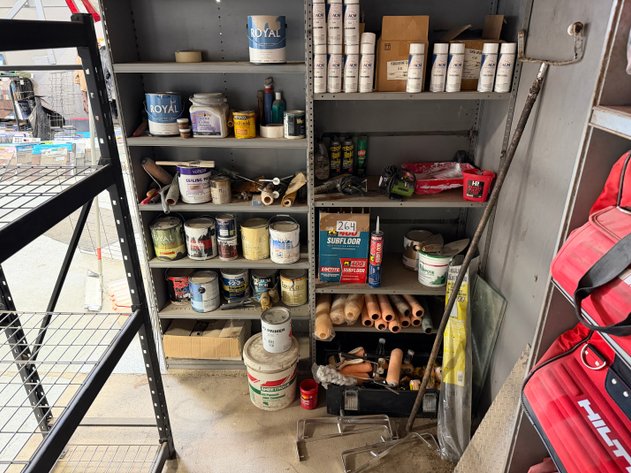 Image for Misc. Paint, Nails and Contractor Supplies on Shelves (CONTENTS ONLY, SHELVES NOT INCLUDED)