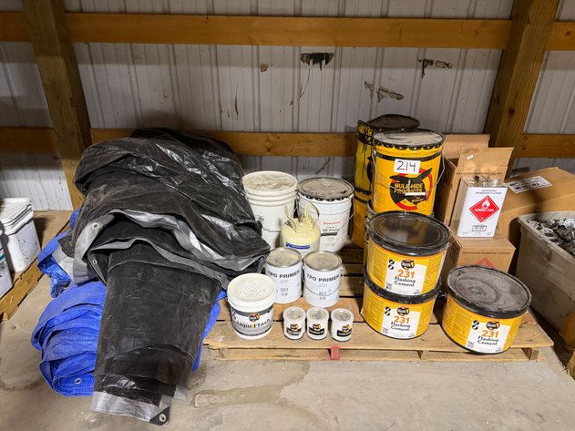 Image for Assorted Roofing Supplies - flashing cement, asphalt primer, SB primer, TPO primer and others. Also includes tarps 