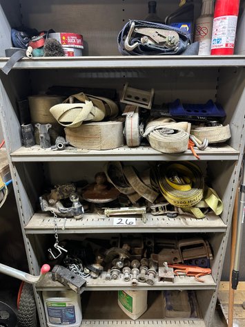 Image for Assorted Ball Hitches, Pintle Hooks, Ratchet Straps, and Truck Straps on Shelf (CONTENTS ONLY)