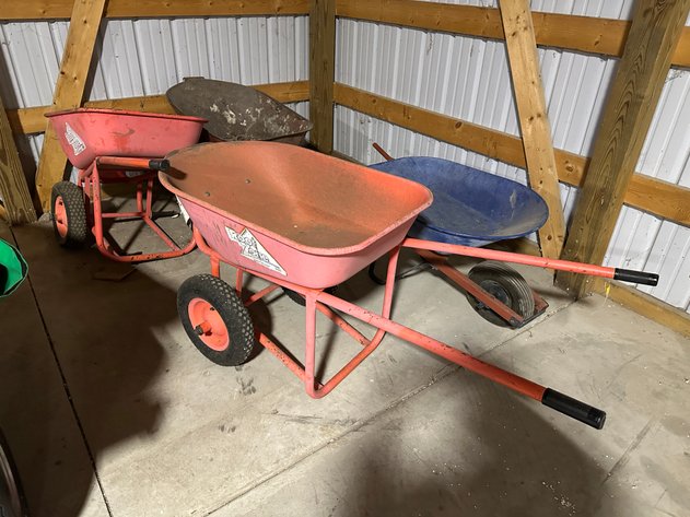 Image for Lot of (4) Assorted Metal / Plastic Wheel Barrows (Orange, Blue) and Broken One