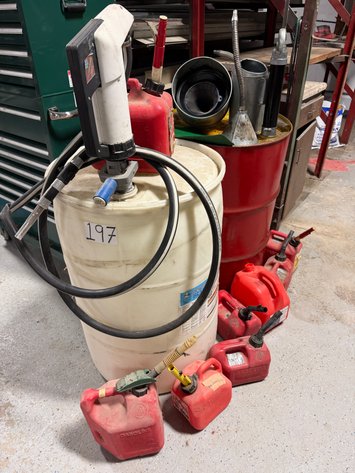 Image for (2) Manual Drum Fuel Pump Dispensers and Drums, Plastic Gas Cans, Funnels