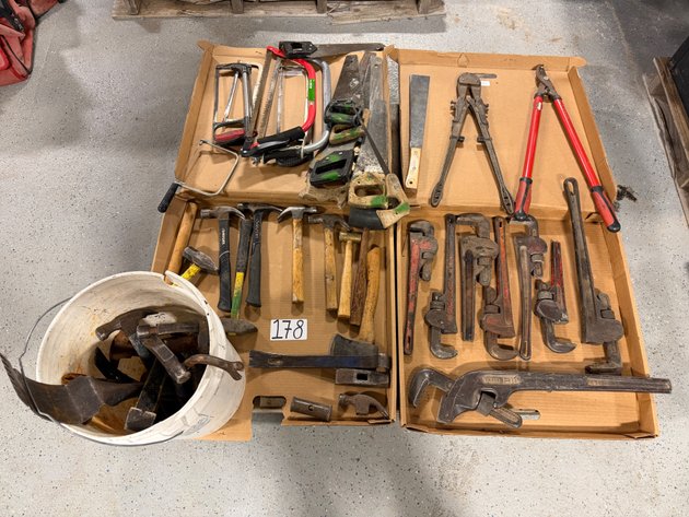 Image for Assorted Hand Tools on Pallet - Pipe Wrenches, Hammers, Mallets, Saws, Crow Bars, Bolt Cutters