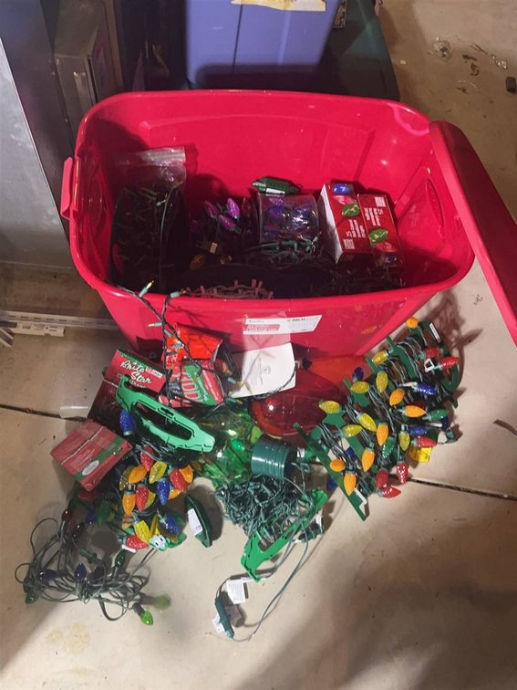 Tote of Christmas Lights and Decor Items