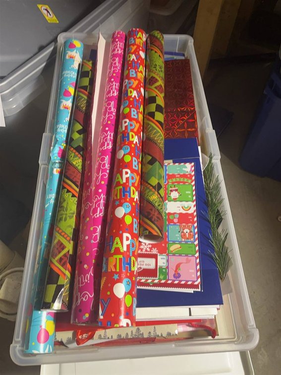 Rubbermaid Tote With Wrapping Paper Supplies
