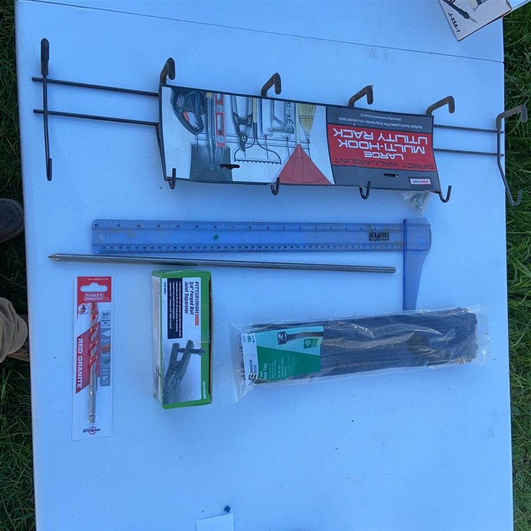 Garage Utility Lot: Rack, T-Square, Drill Bit, Ties