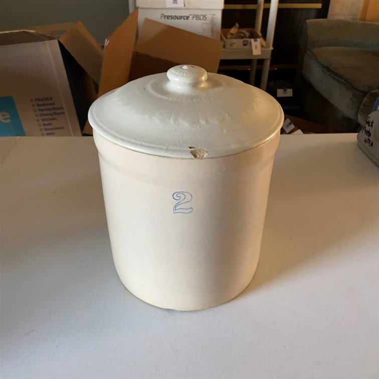 Stoneware Crock with Lid, 2 Gallon, Chip on Rim