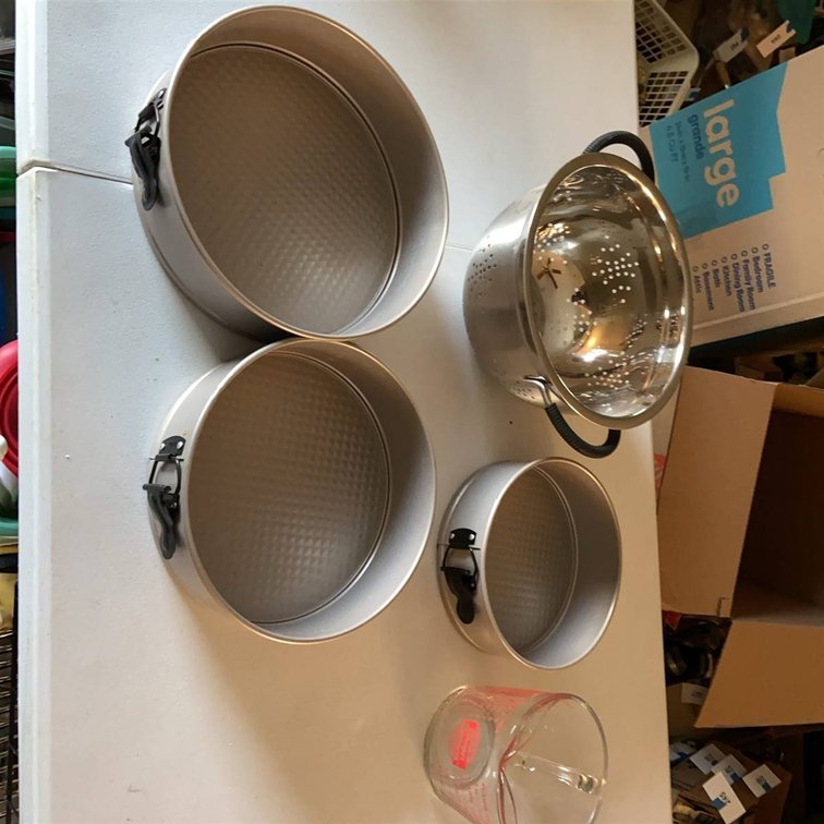 Springform Pans, Colander, Pyrex Measuring Cup Lot