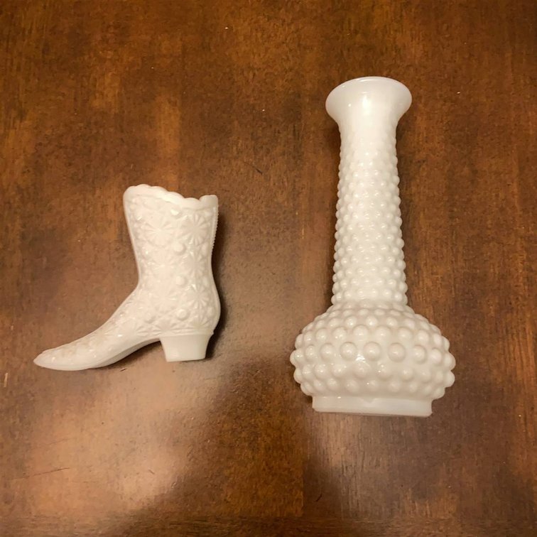 Fenton Milk Glass Boot and Hobnail Vase