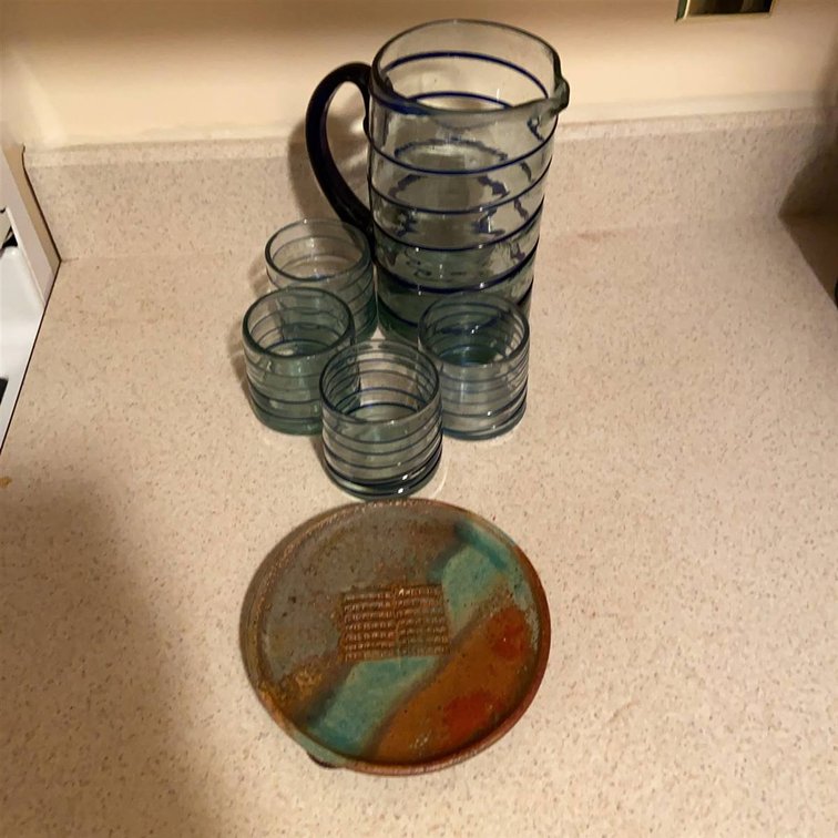 Striped Glass Pitcher With 5 Tumblers Set