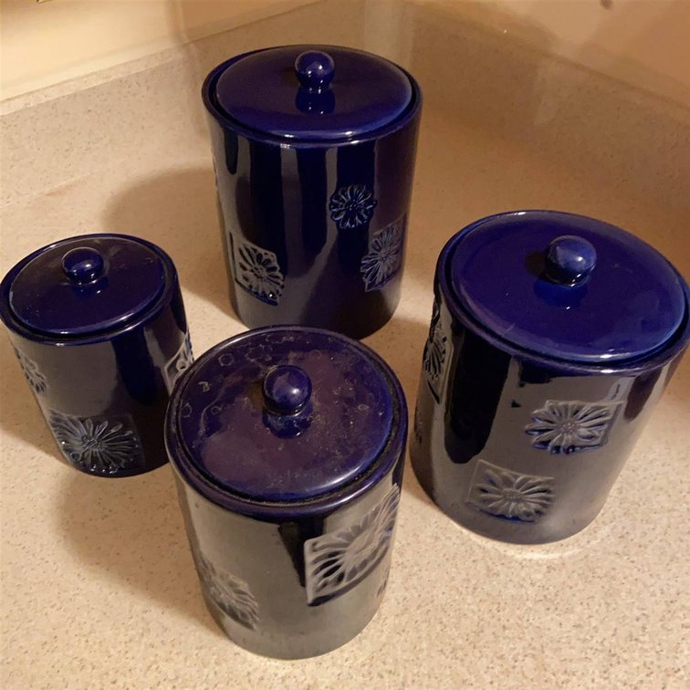 4 Blue Ceramic Flower Canisters with Lids