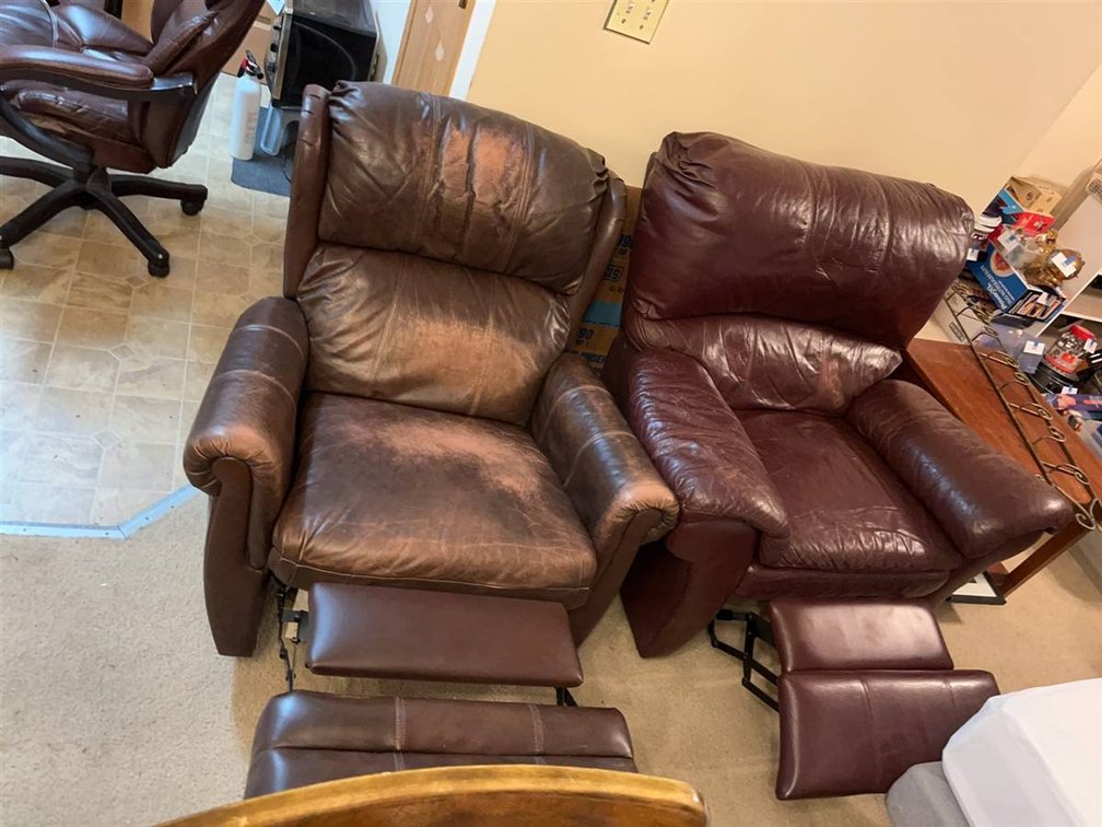 Pair Lane Leather Rocker Recliners, Left Swivels