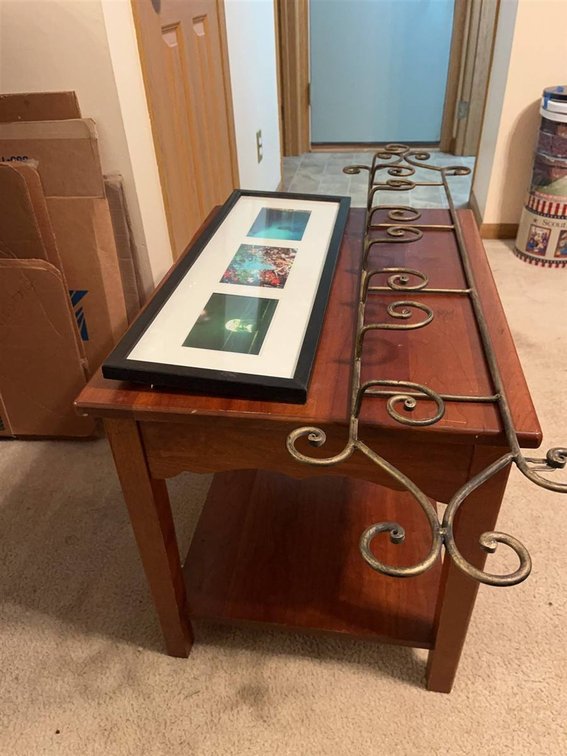 Wood Side Table, Framed Print, Metal Scroll Decor