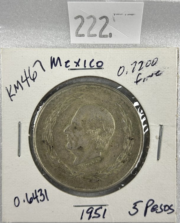 1951 Mexico 5 Pesos 27.78 grams 72% Silver.