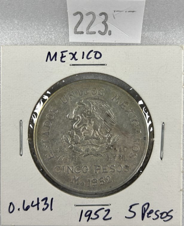 1952 Mexico 5 Pesos 27.78 grams 72% Silver.
