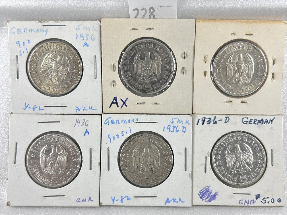 (6) 1936 German 5 Reichsmark Paul von Hindenburg,