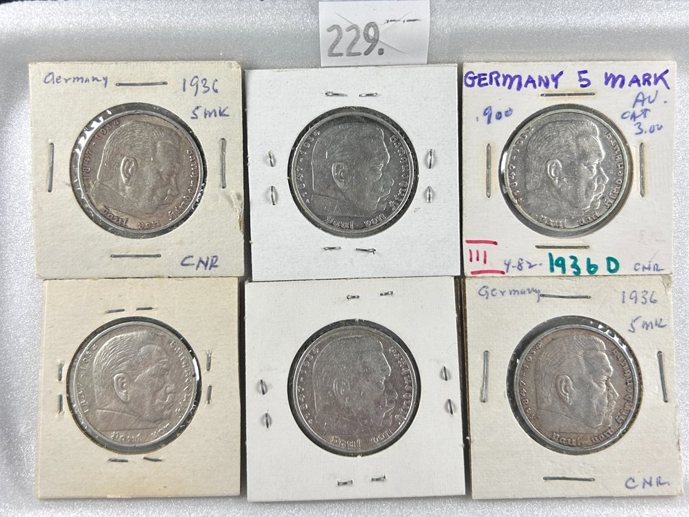 (6) 1936 German 5 Reichsmark Paul von Hindenburg,