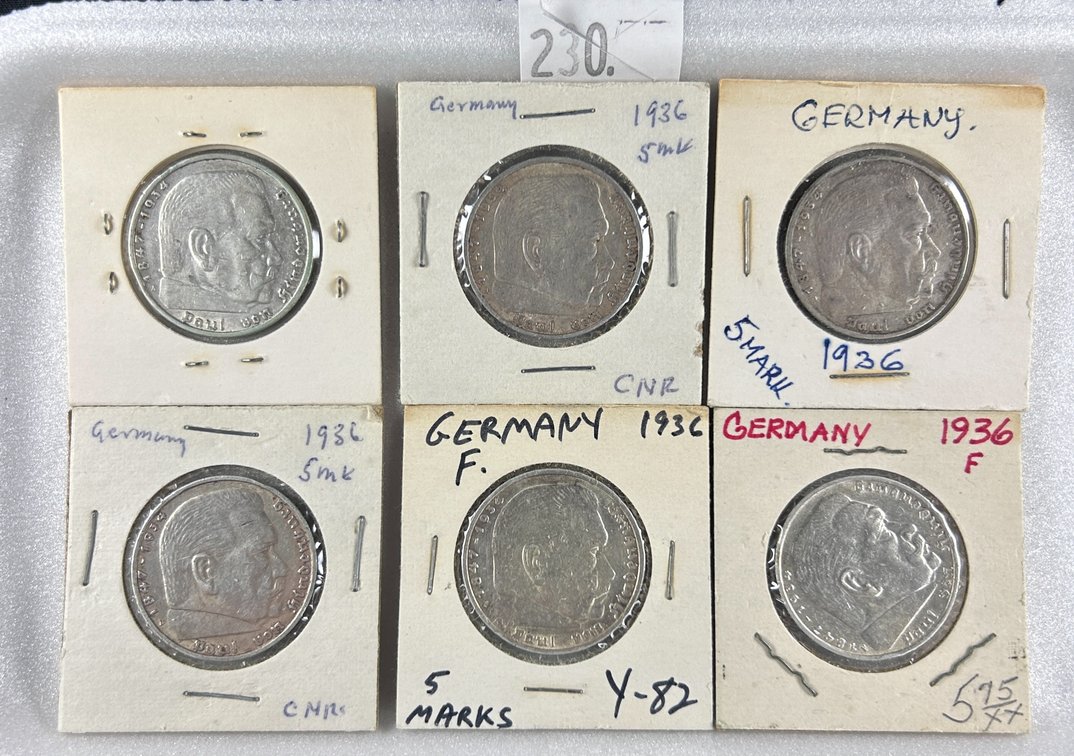 (6) 1936 German 5 Reichsmark Paul von Hindenburg,