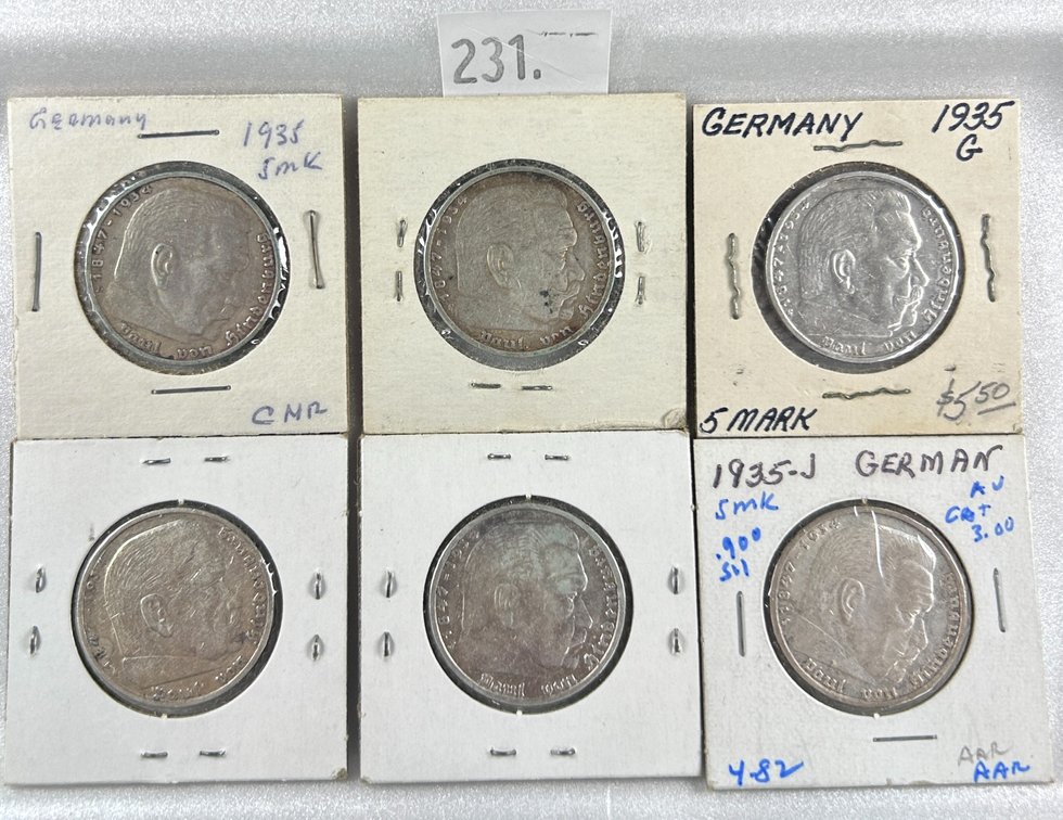 (6) 1935 German 5 Reichsmark Paul von Hindenburg,