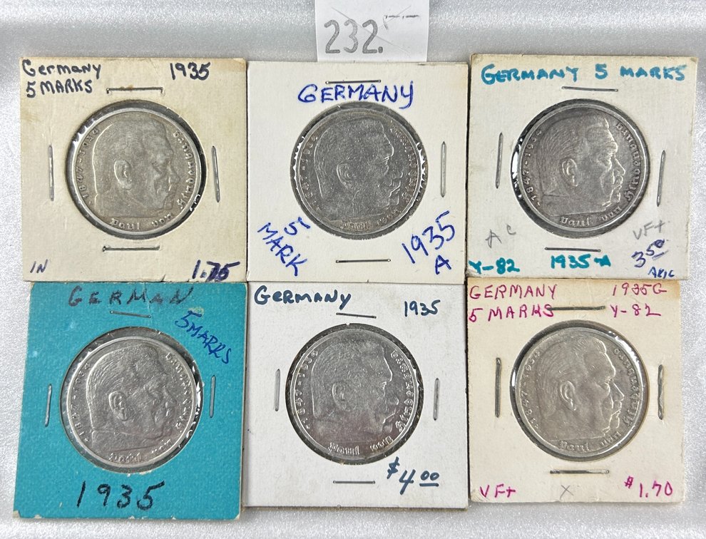 (6) 1935 German 5 Reichsmark Paul von Hindenburg,