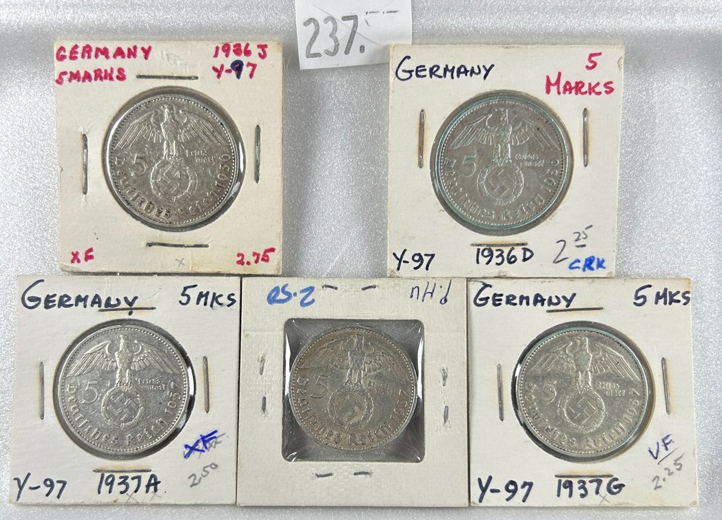 (5) German 5 Reichsmark Paul von Hindenburg,