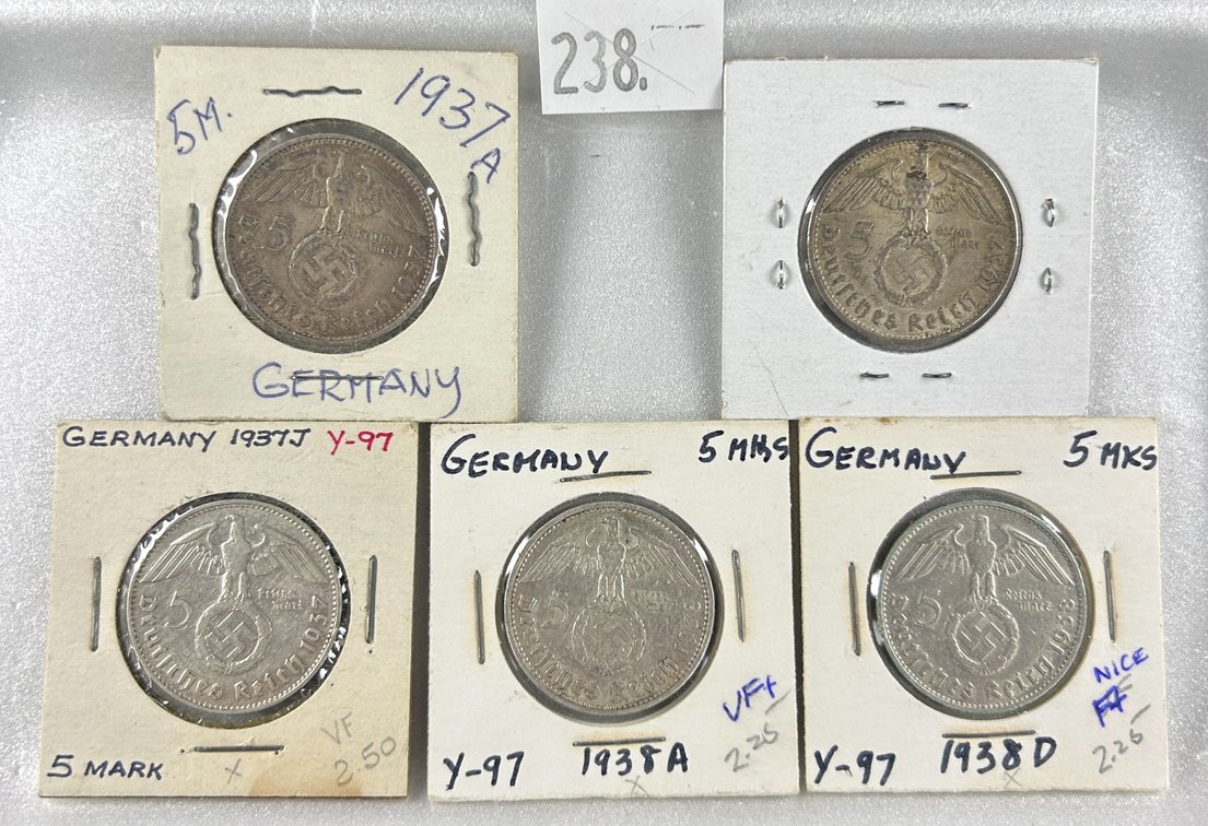 (5) German 5 Reichsmark Paul von Hindenburg,