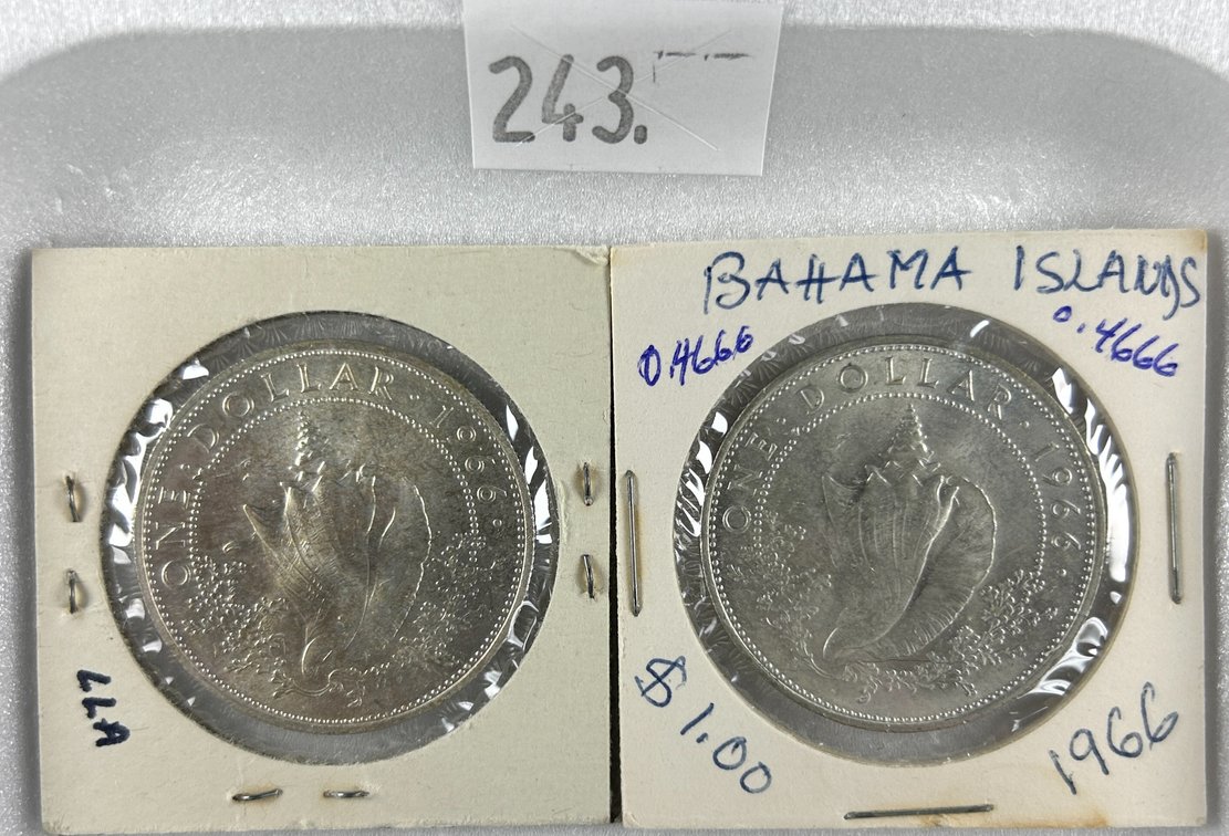 (2) 1966 Bahamas 1 Dollar - Elizabeth II Conch shell,