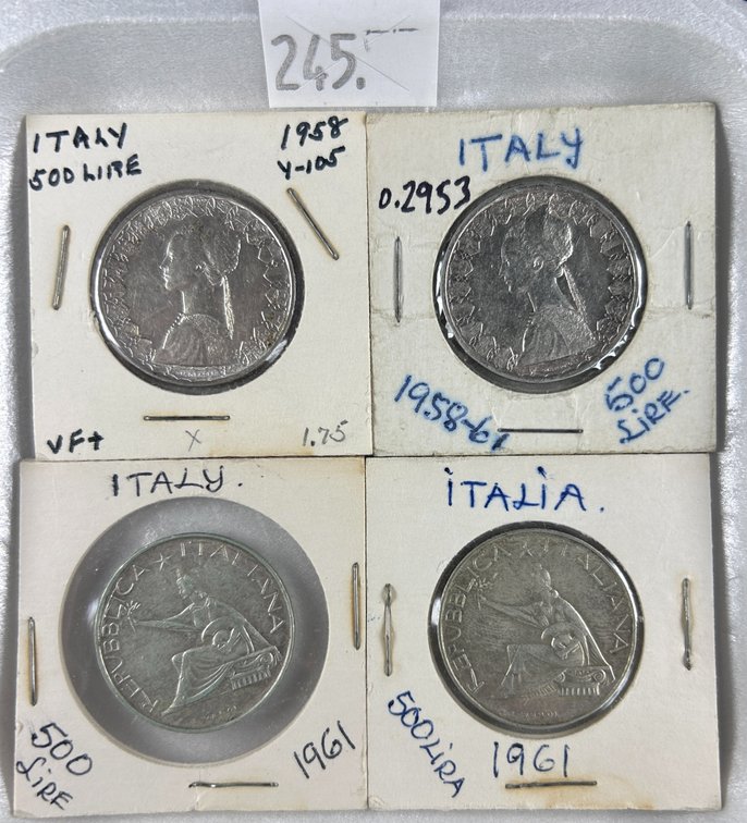 (4) Italy 500 Lire: (2) 1958-R 500 Lire. (2) 1961-R 500 Lire Unification Centennial.