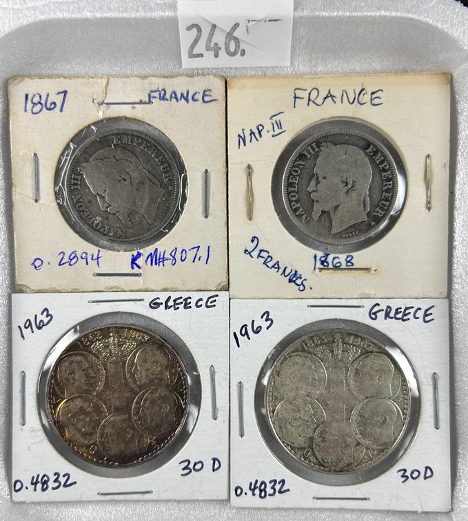 (4) .835 Silver Greece and France Coins.