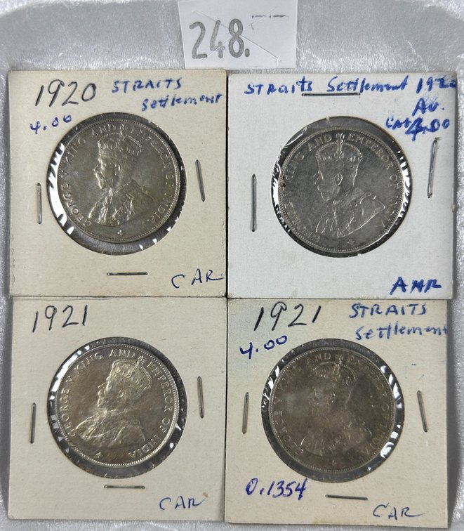 (2) 1920, (2) 1921 Straits Settlement 50-Cents, 50% Silver.