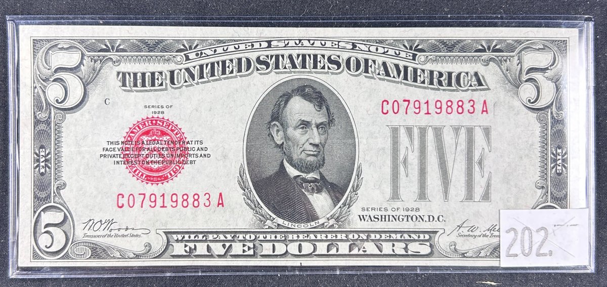 Series 1928 $5 United States Note Red Seal.
