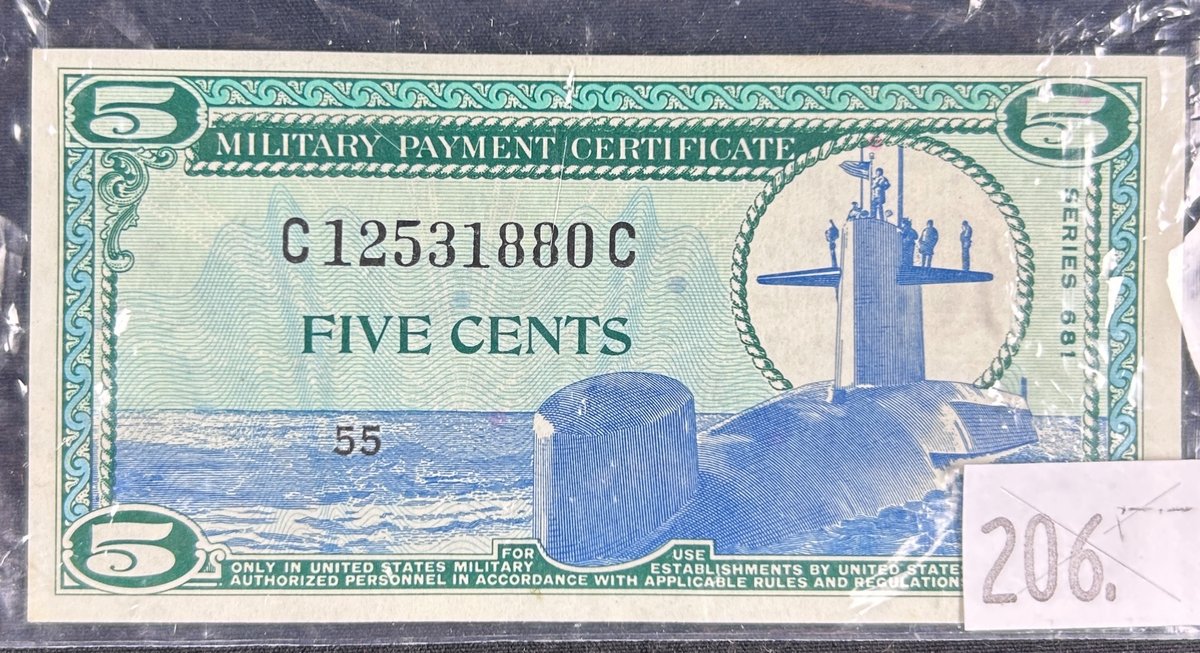 1969-1970 5-Cents Military Payment Certificate (MPC) from Series 681.