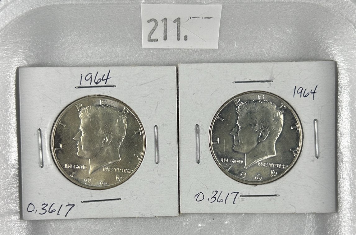 (2) 1964 90% Silver Kennedy Half Dollars.