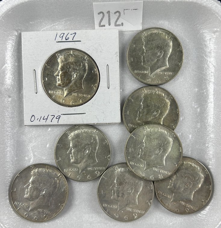 (8) 40% Silver Kennedy Half Dollars: (1) 1967,